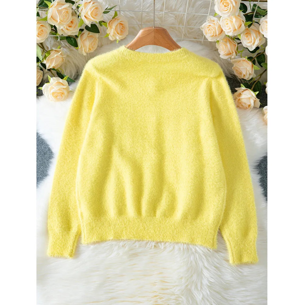 Yellow Cardigan Heart Long Sleeve Knit Sweater