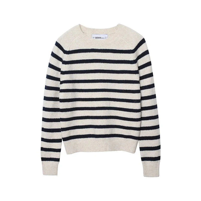 Women's Beige Striped Elegant Sweater