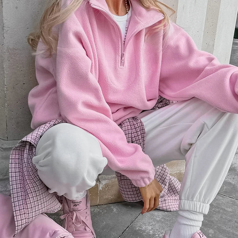 Pink Winter Fleece Women Hoodie Zipper Pullover