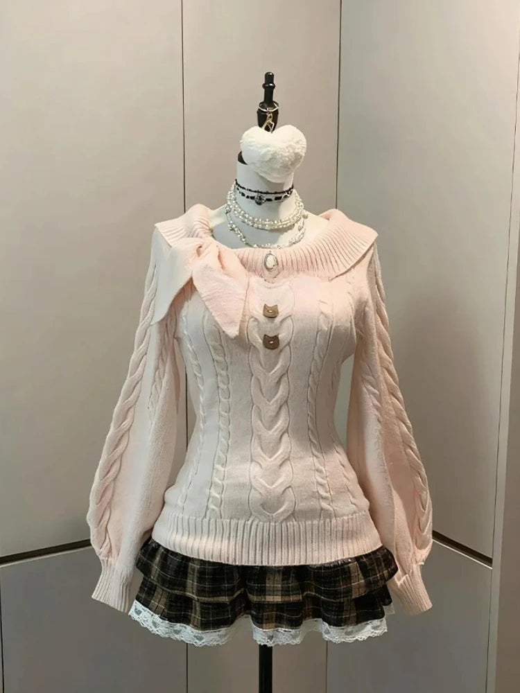 Female Sweet Lace Japanese Y2k Winter Slim Jumper