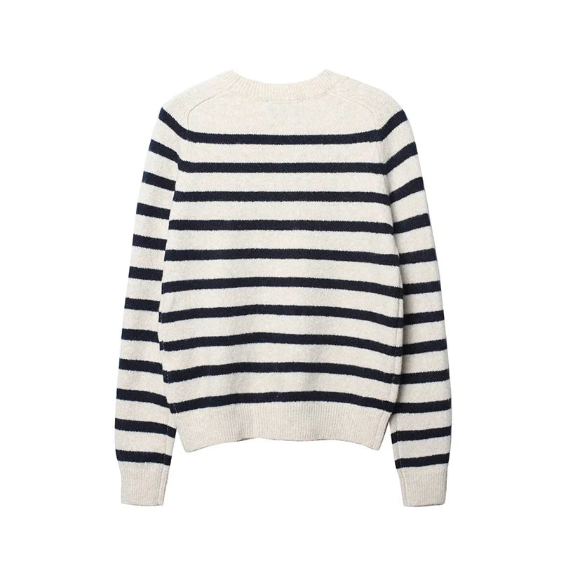 Women's Beige Striped Elegant Sweater