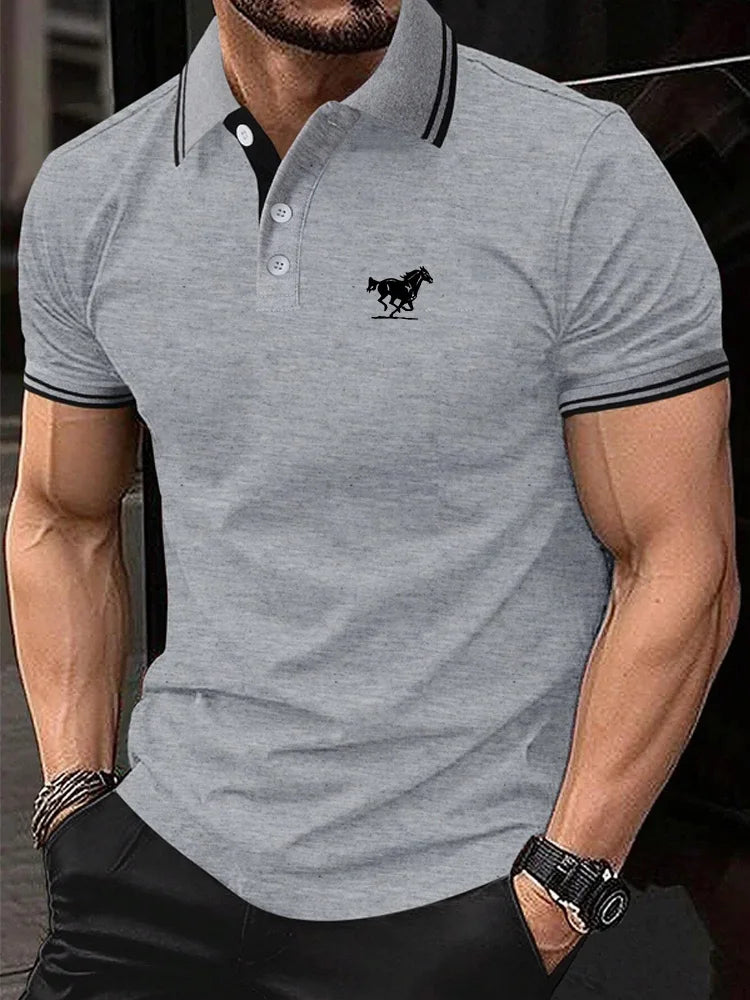 Men Horse Print Striped Trim Polo Shirt