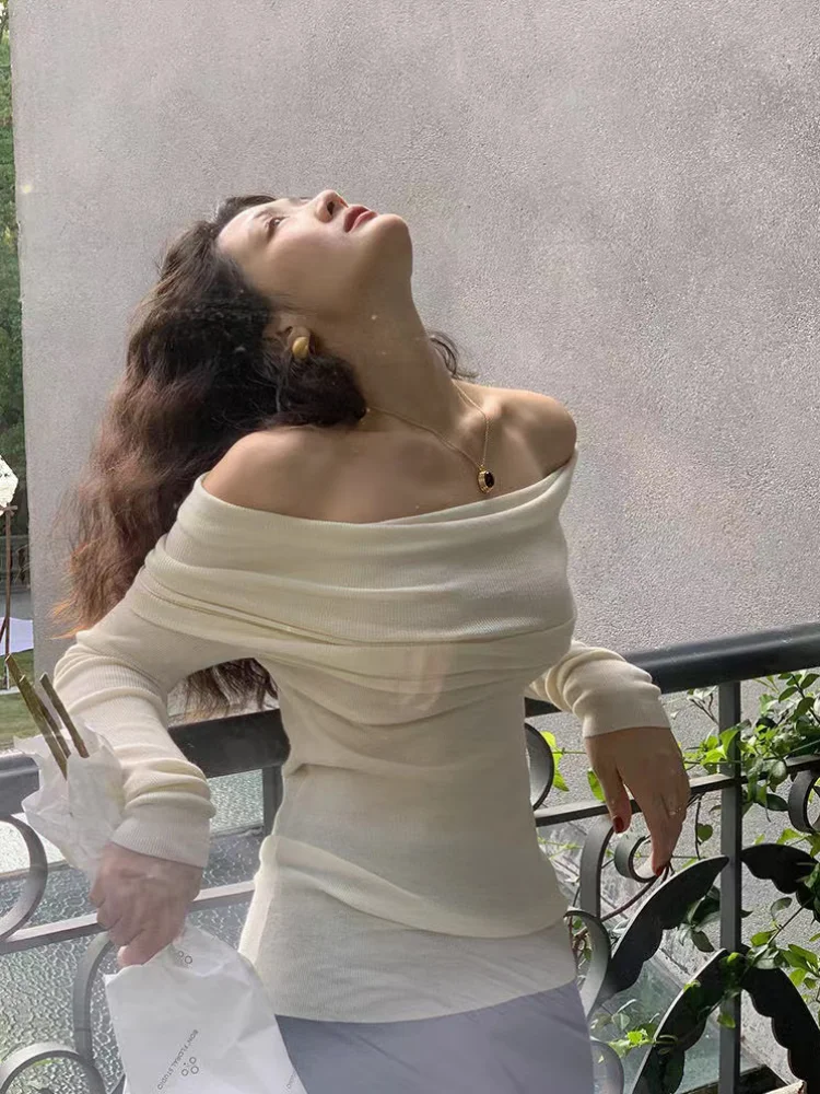 Slash Neck Sweater Elegant Pullovers