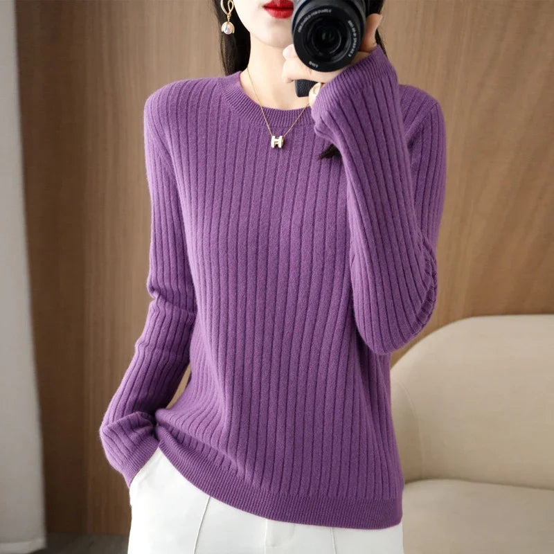 Long Sleeve Pullovers O-neck Stripe Warm Pullover