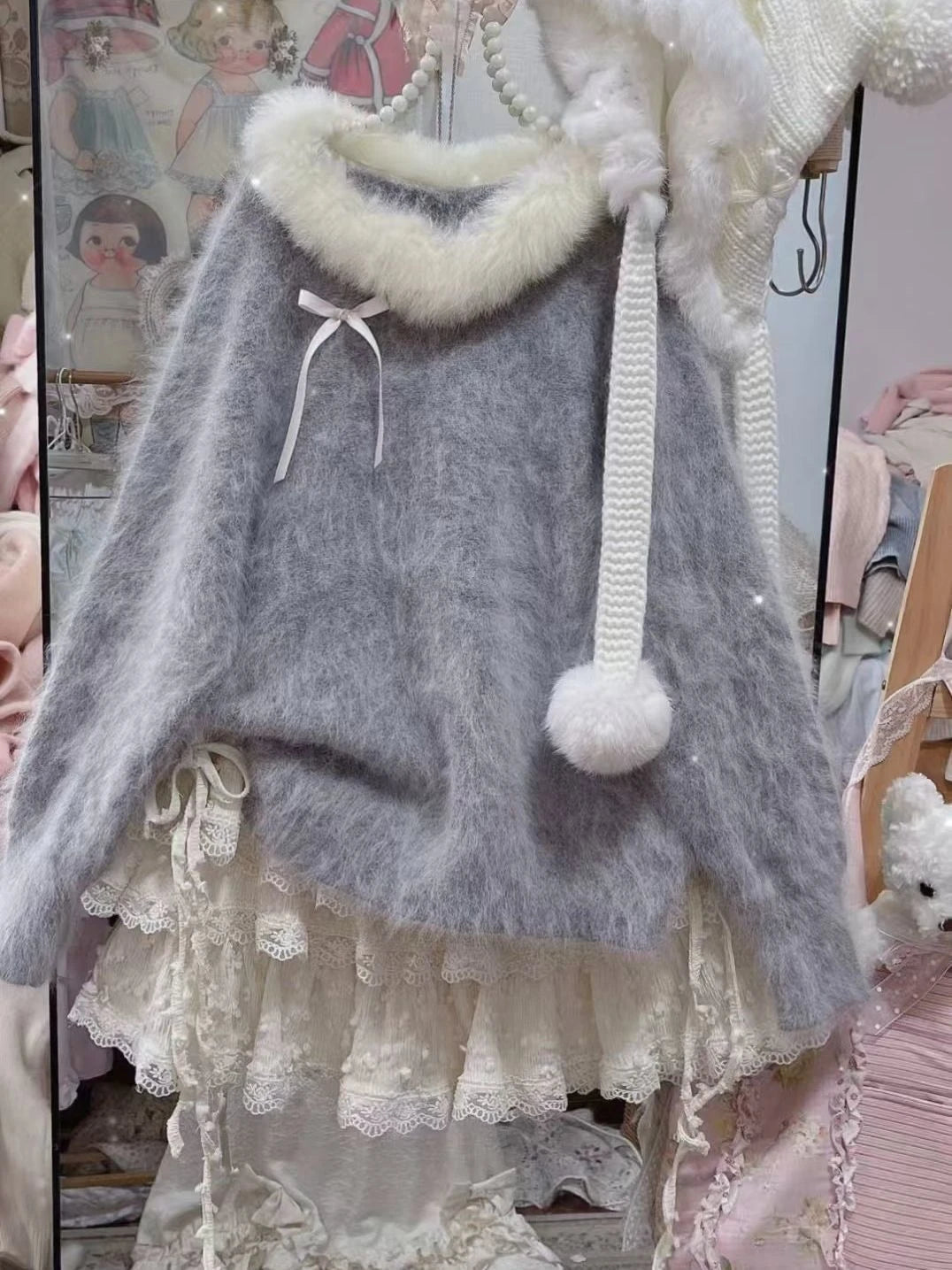 Female Sweet Lace Japanese Y2k Winter Slim Jumper