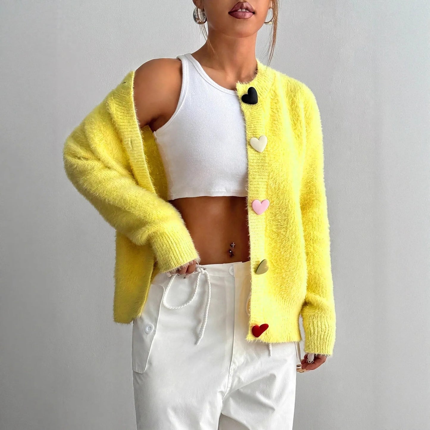 Yellow Cardigan Heart Long Sleeve Knit Sweater