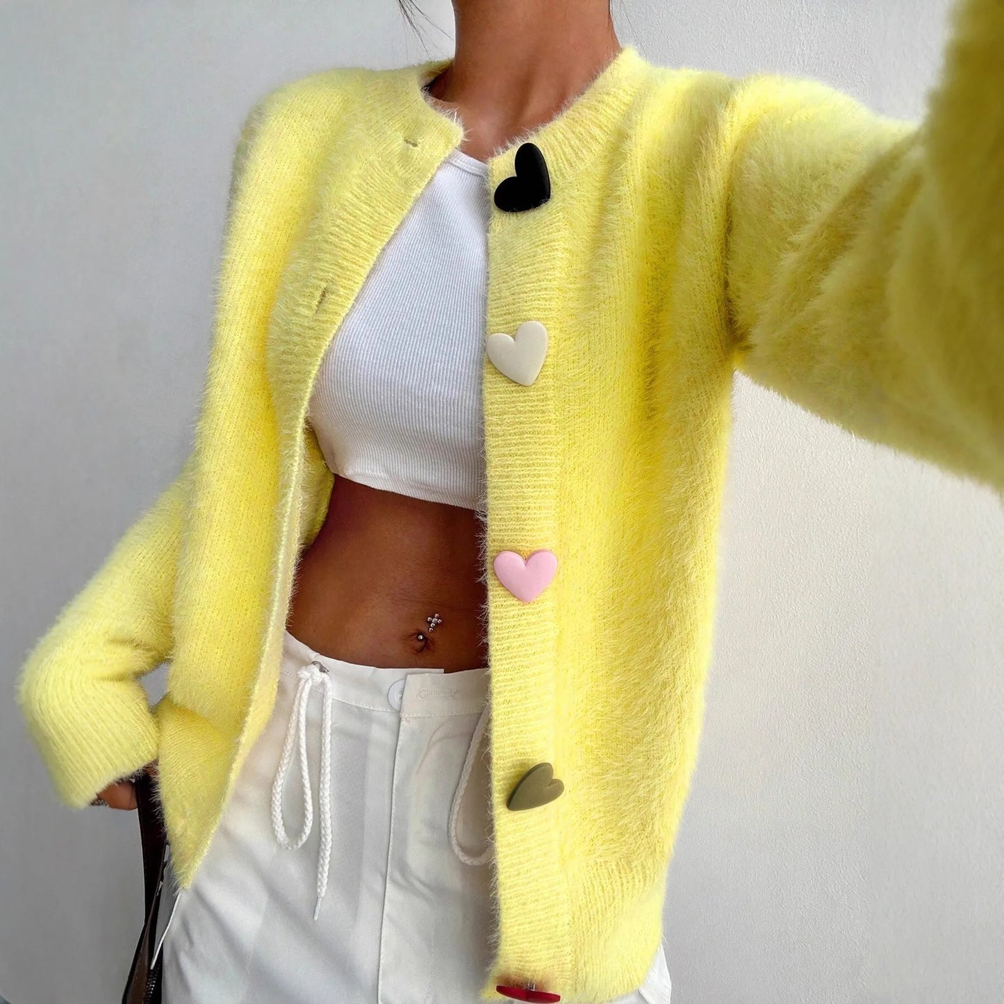 Yellow Cardigan Heart Long Sleeve Knit Sweater