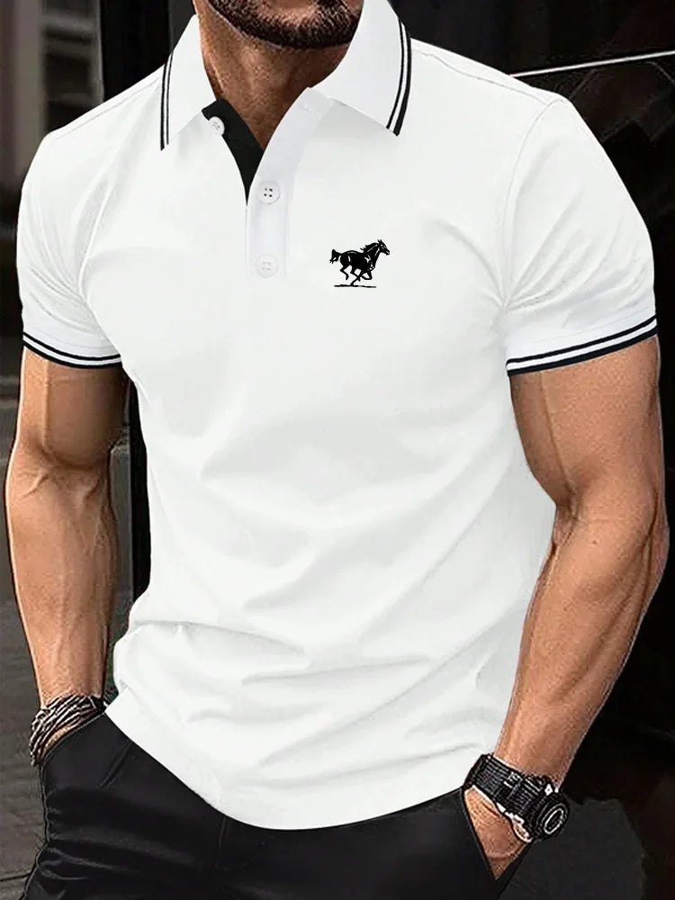 Men Horse Print Striped Trim Polo Shirt