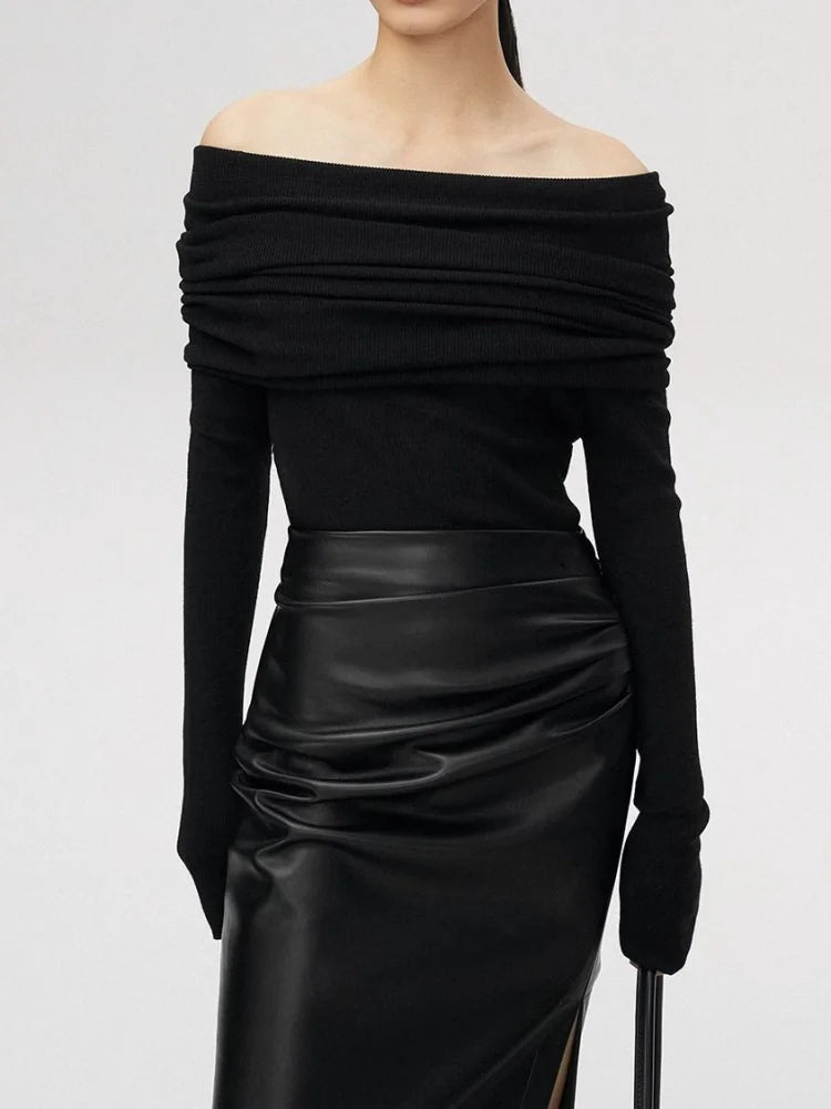 Slash Neck Sweater Elegant Pullovers