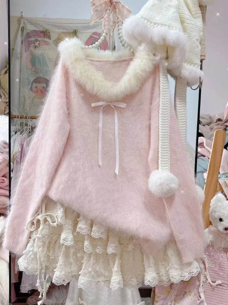 Female Sweet Lace Japanese Y2k Winter Slim Jumper