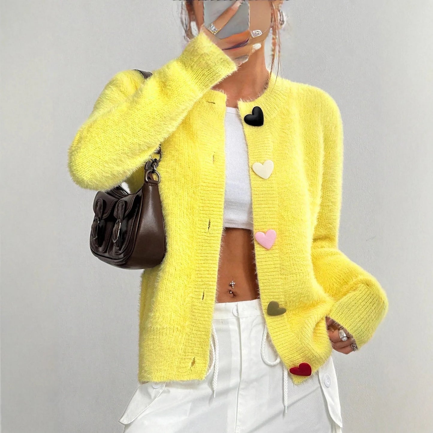 Yellow Cardigan Heart Long Sleeve Knit Sweater