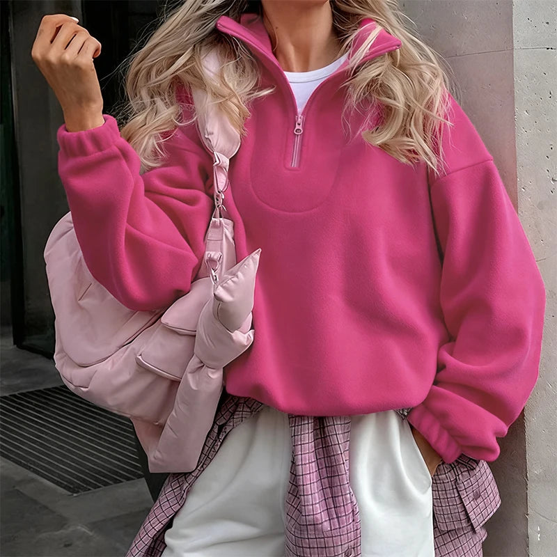 Pink Winter Fleece Women Hoodie Zipper Pullover