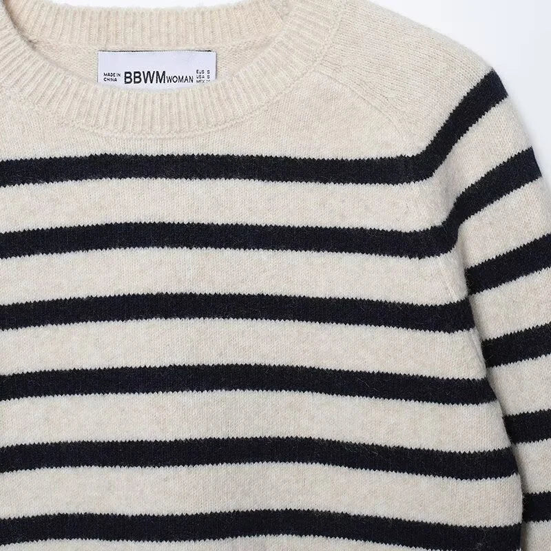 Women's Beige Striped Elegant Sweater